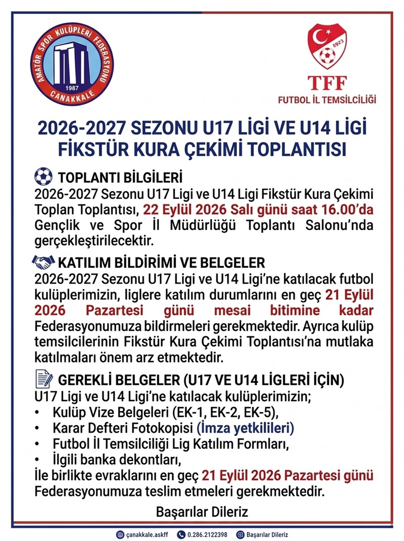 2026-2027 SEZONU U 17 LİGİ VE U 14 LİGİ FİKSTÜR KURA ÇEKİMİ TOPLANTISI-BİLDİRİMDE BULUNAN KULÜPLER