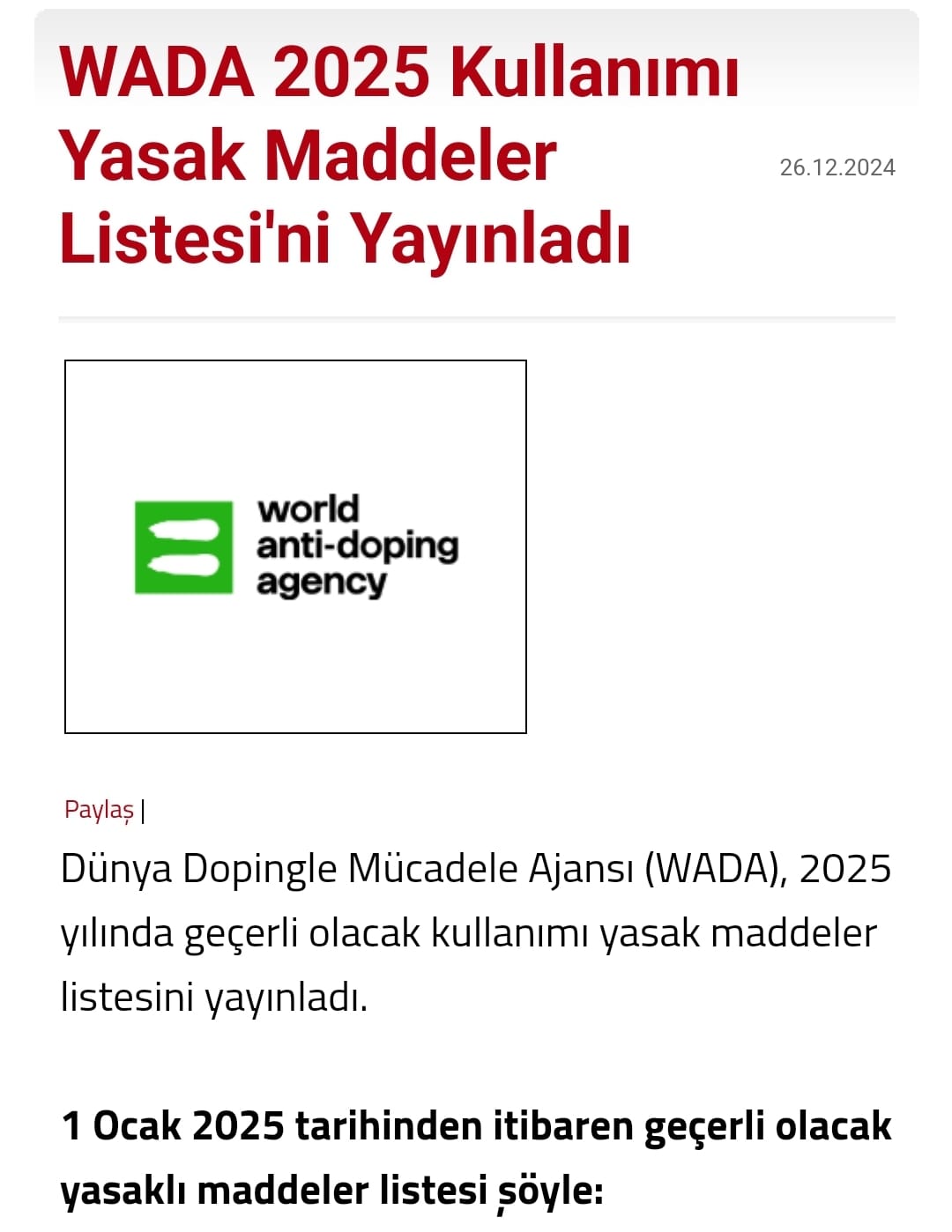 WADA 2025 KULLANIMI YASAK MADDELER LİSTESİNİ YAYINLADI