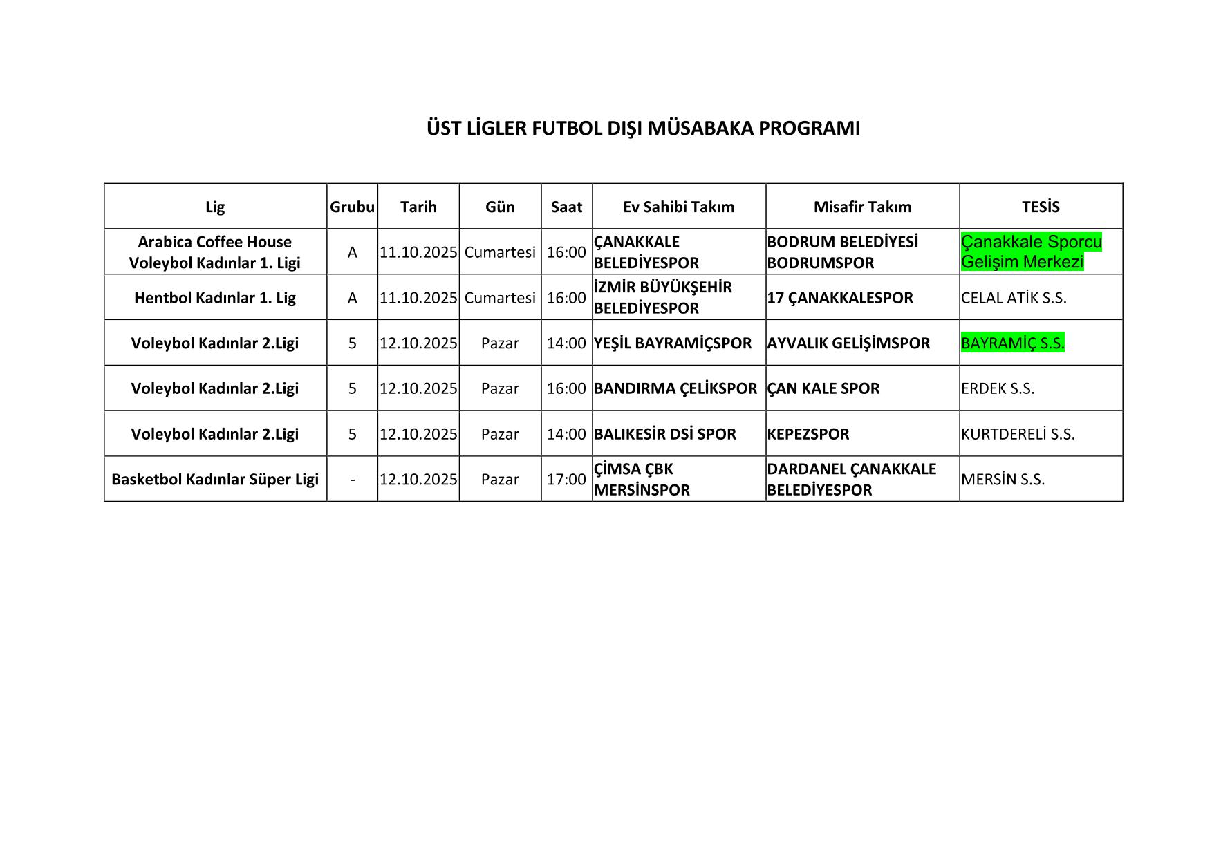 ÜST LİGLER FUTBOL DIŞI MÜSABAKA PROGRAMI