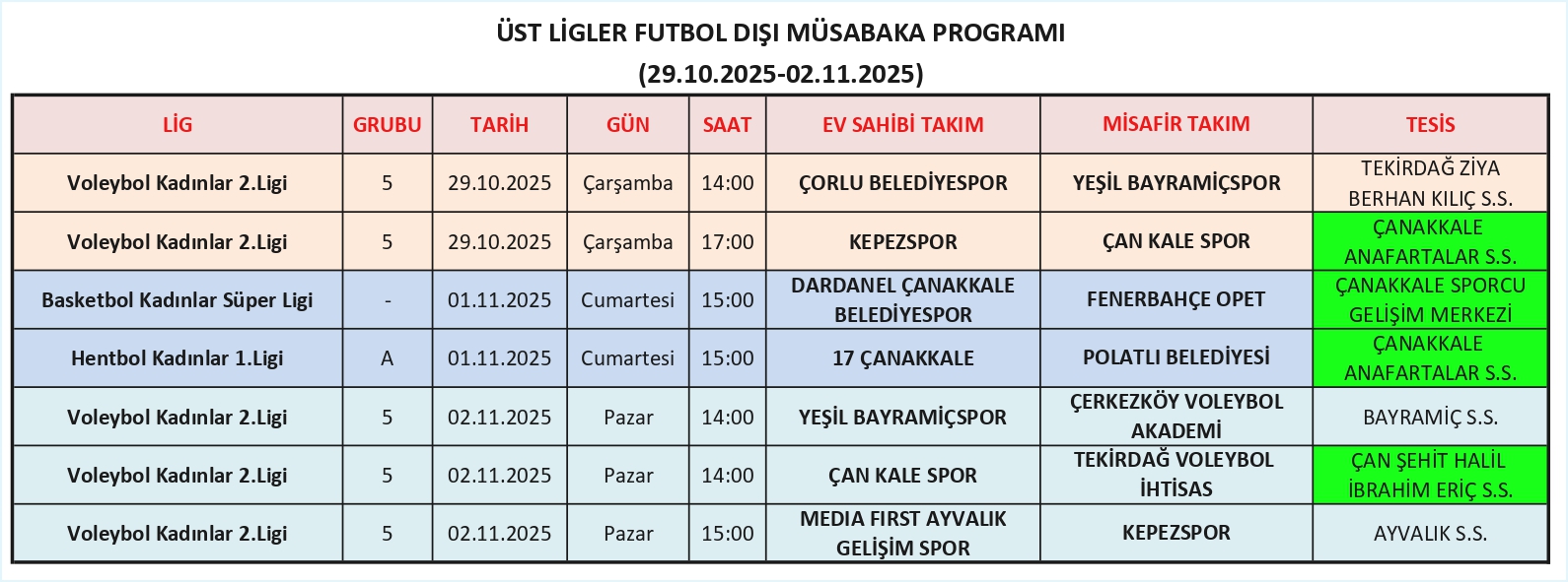 ÜST LİGLER FUTBOL DIŞI MÜSABAKA PROGRAMI (29.10.2025-02.11.2025)